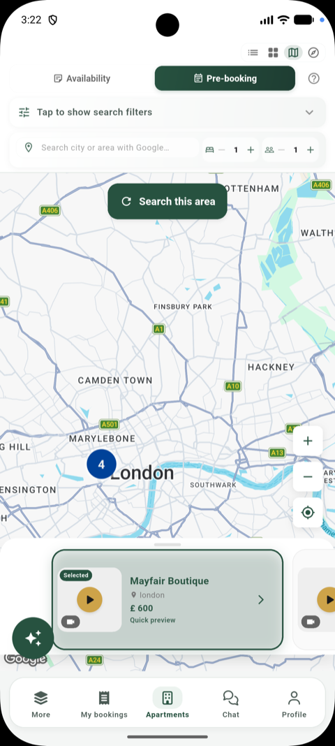 HajazCo app map for discovering available stays in London