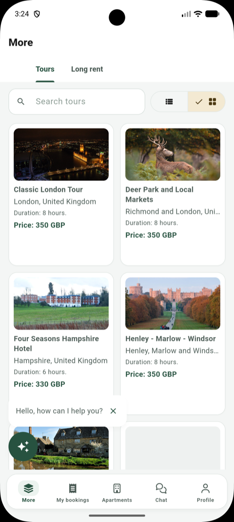 London tours in the HajazCo app shown in a clear grid